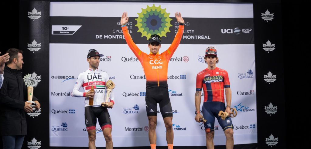Grand Prix Cycliste de Montreal 2019 podium Greg van Avermaet, Diego Ulissi, Ivan Garcia Cortina