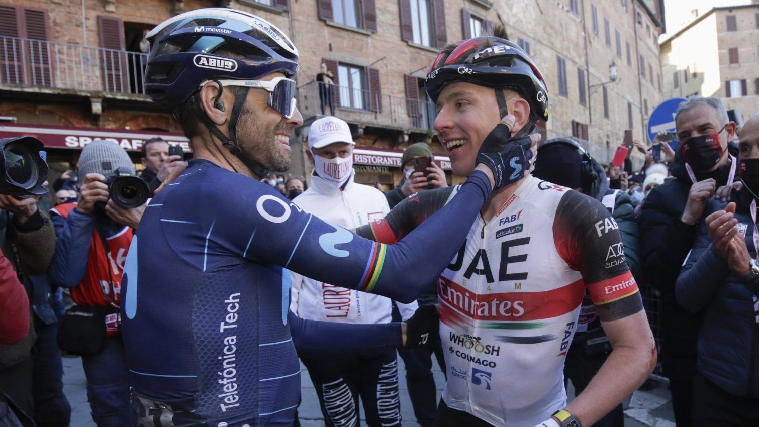 Siena - Italy - cycling - Alejandro Valverde (ESP - Movistar Team) - Tadej Pogacar (SLO - UAE Team Emirates) pictured during 8th Strade Bianche Donne (1.WWT) a one day race between Siena and Siena (184KM) - Photo: Luca Bettini/SCA/Cor Vos © 2022